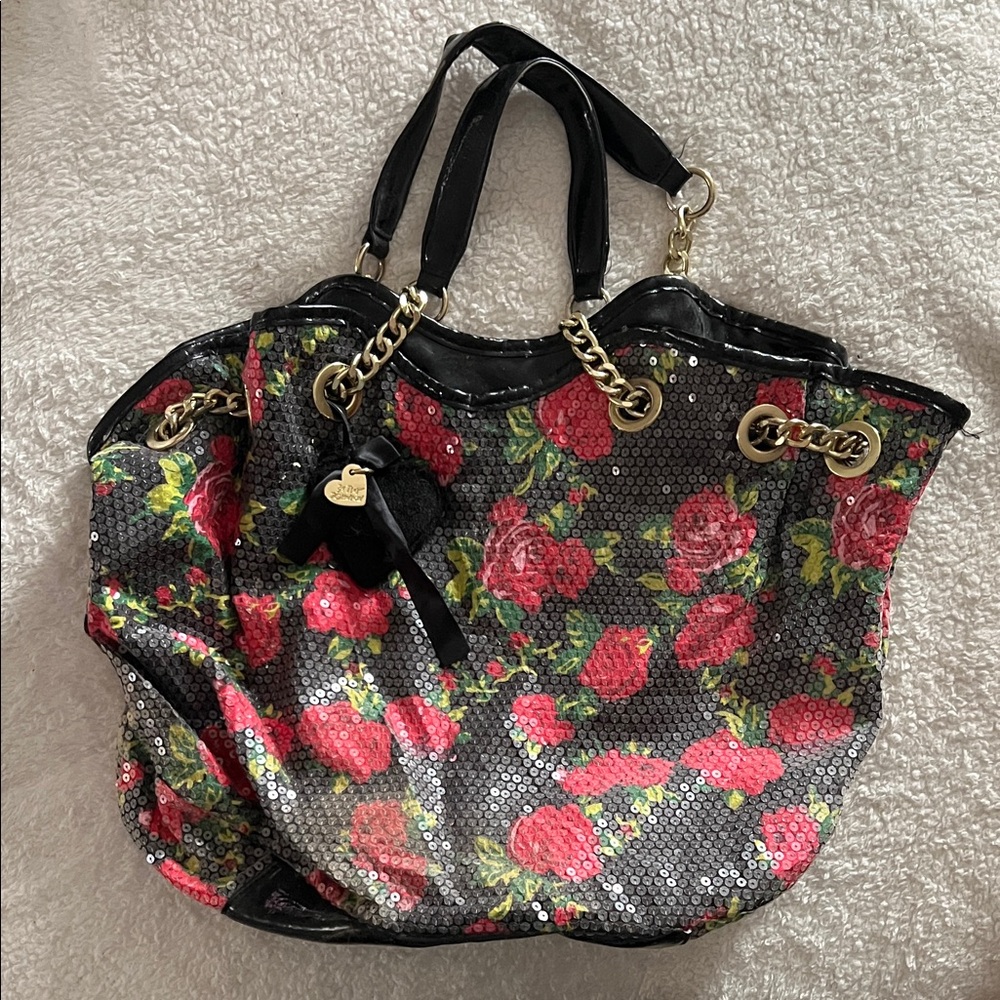 Betsey Johnson Black and Red Floral Sequin Shoulder Bag